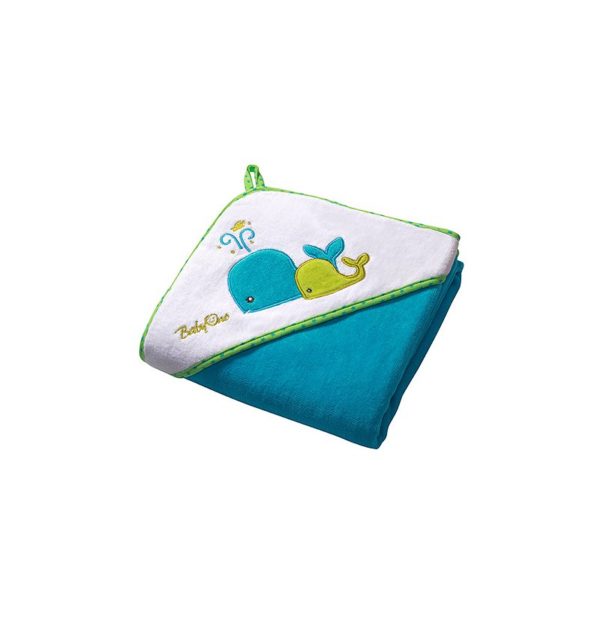 Baby towel, baby bath towel with hood, turquoise blue, with whale embroidery, BabyOno