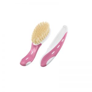 NUK hair brush with natural bristles and pink comb