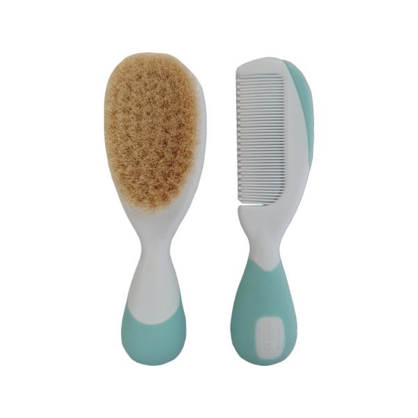 Chicco hair brush with natural bristles and turquoise comb