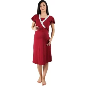 Maternity nightdress for pregnancy and breastfeeding short sleeve burgundy red