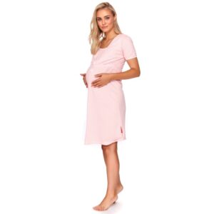 Camasa noapte gravide pentru sarcina si alaptare maneca scurta bumbac roz cu stelute albe