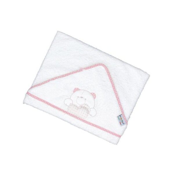 White hooded towel with red border embroidered teddy bear 75x75cm Andy&Helen