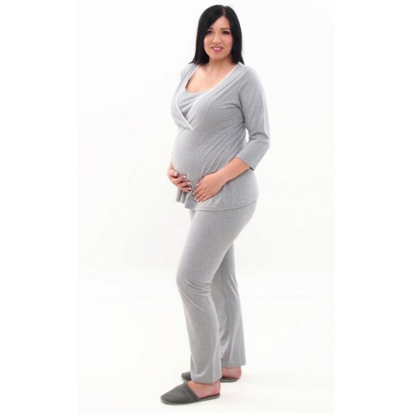Pijama alaptare bumbac pentru gravide cu maneca lunga de culoare gri RD