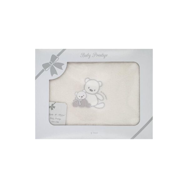 Paturica pentru bebelusi, pufoasa, de culoare alb ivoire, cu broderie ursulet si bordura gri, cutie, 70x80cm, Andy&Helen
