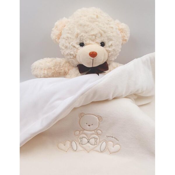 Baby swaddle blanket, ivory white plush with teddy bear embroidery 70x80cm Andy&Helen