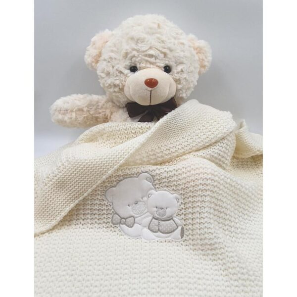 Baby blanket white ivory embroidery teddy bear 75x90cm Andy&Helen