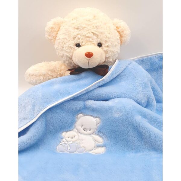 Blue baby blanket with teddy bear embroidery and white border, 70x80cm, Andy&Helen