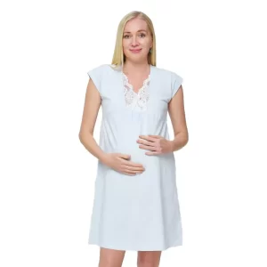 Camasa de noapte gravide pentru sarcina si alaptare din bumbac, cu maneca scurta, de culoare bleu ciel