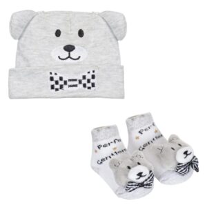 Newborn baby set, grey socks and headband with teddy bear