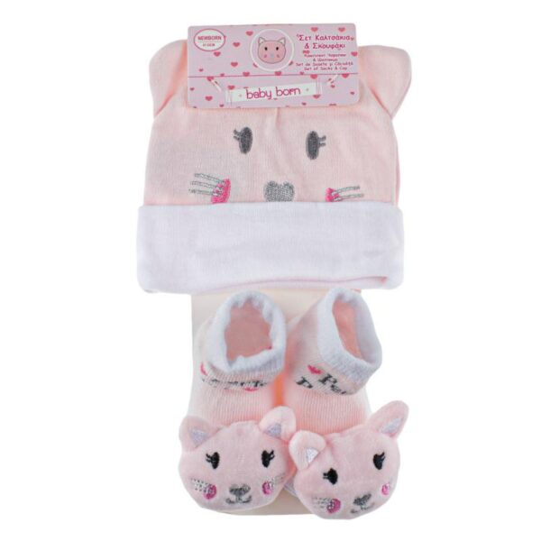Newborn baby set, pink socks and headband with kitten
