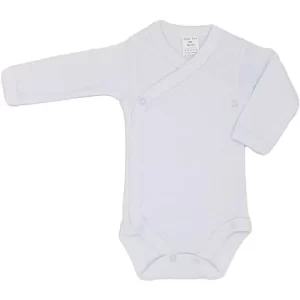 White baby bodysuit with side staples for newborn babies long sleeve white cotton Bebe Bee