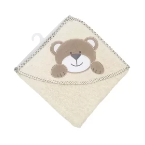 Beige robe towel with beige capison with brown and white border embroidered teddy bear 100x100cm Baby Cute
