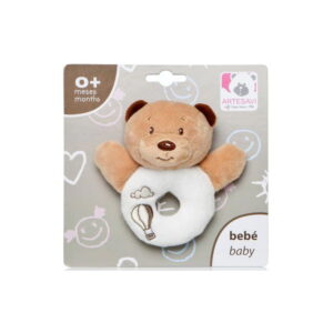 Teething toy with teethers, in the shape of a white and brown teddy bear, 20 cm