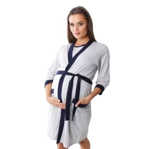 Maternity, pregnancy and nursing gown, cotton, with three-quarter sleeves, melanin grey colour and navy blue borders