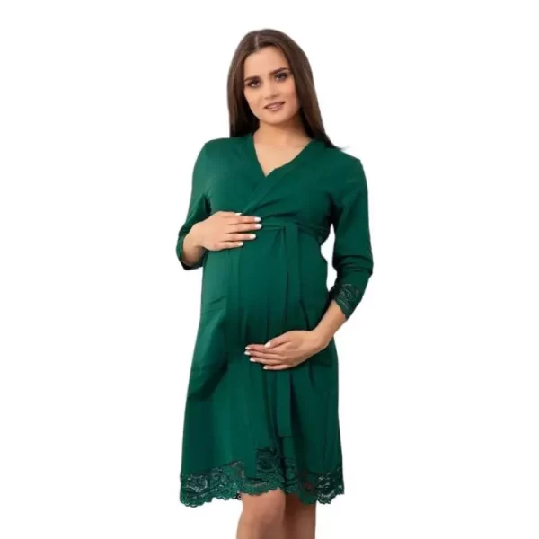 Halat pentru gravide, sarcina si alaptare, din bumbac si dantela, cu maneca lunga, de culoare verde inchis