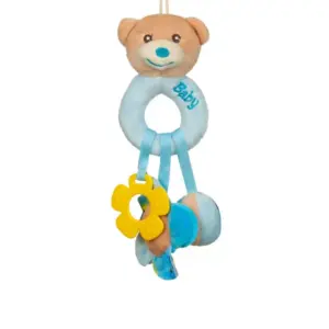Baby teething toy with teddy bear head, plush, blue, 14 cm