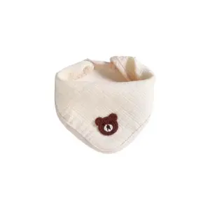 Baby bib with embroidery in the shape of a teddy bear, cotton, ivory white colour