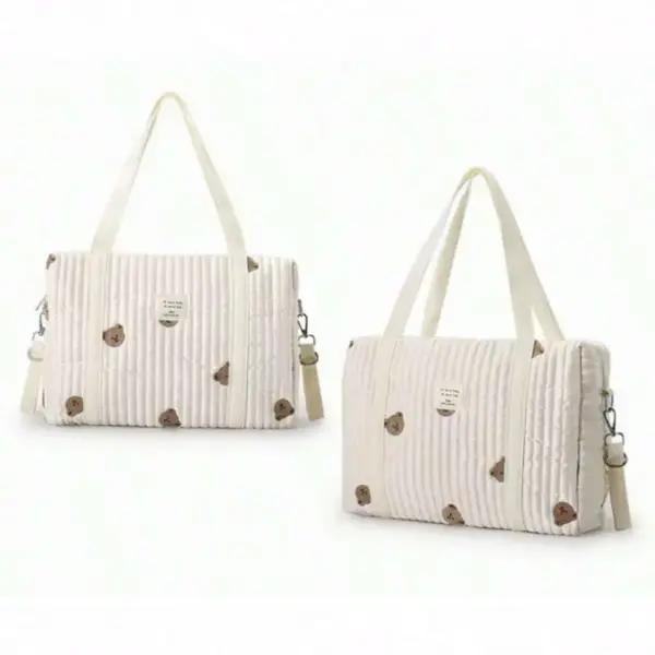 Baby bag, which can be worn on the shoulder, on the hand or on the pram, ivory white with teddy bear embroidery