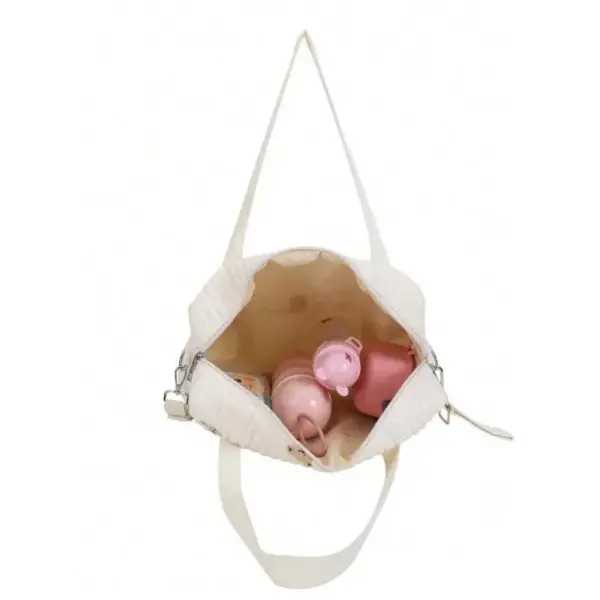 Baby bag, which can be worn on the shoulder, on the hand or on the pram, ivory white with teddy bear embroidery
